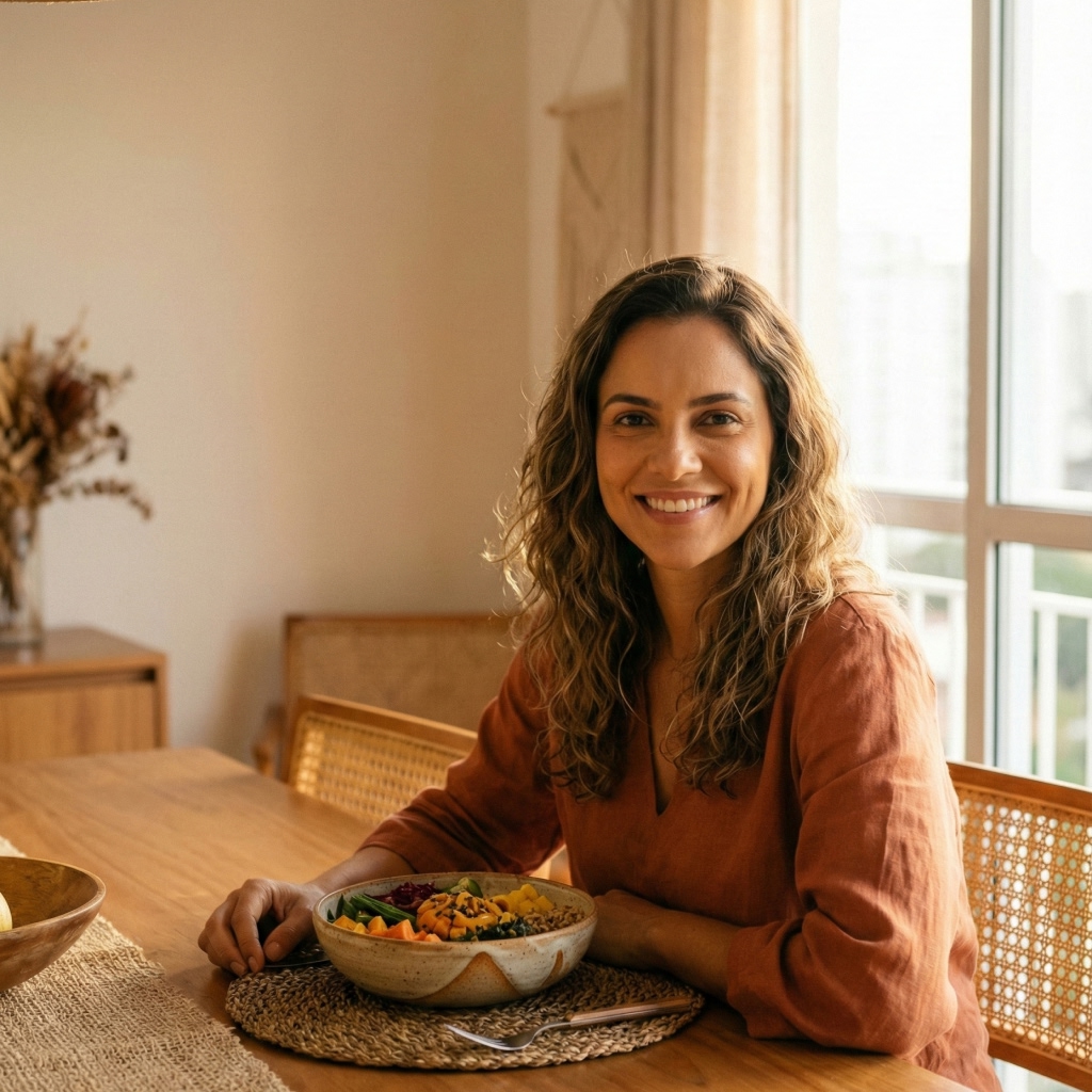 Mulher desfrutando de uma refeição saudável